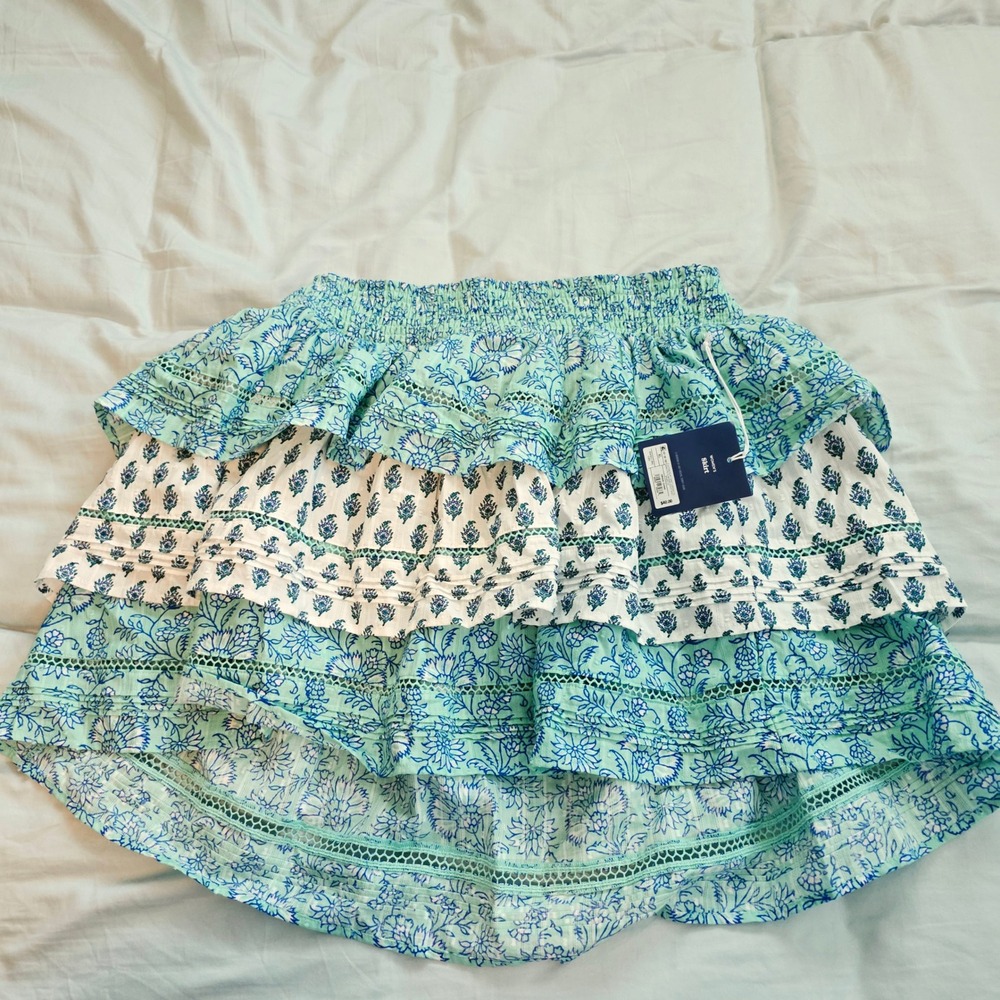 Roller Rabbit x Target Aqua Blue Floral Tiered Mini Skirt XL Smocked Eyelet Lace